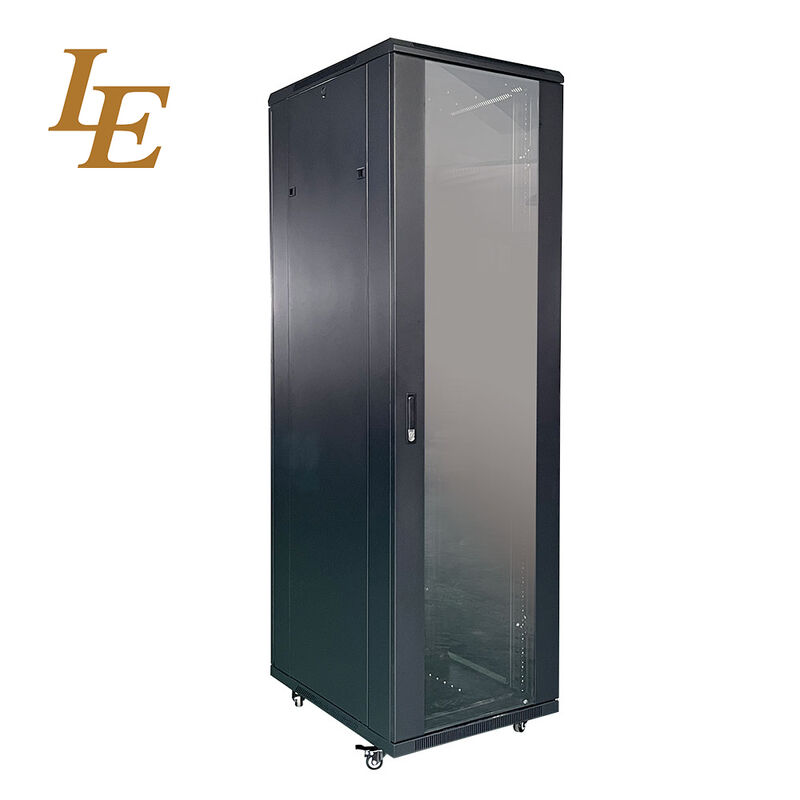 19Inch 42U Tempered Glass Front Door and Solid Metal Rear Door with Handle Locks Racks RAL9004 Black