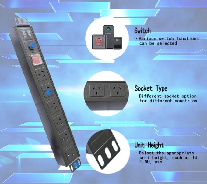 19 pollici di alluminio nero IEC Tipo 6 vie 8 prese C13 C14 Unità di distribuzione di energia 16Amp/32Amp Con presa di comando disponibile IEC320 Smart Socket PDU 2